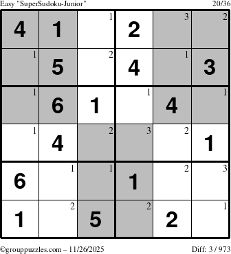 The grouppuzzles.com Easy SuperSudoku-Junior puzzle for Wednesday November 26, 2025 with the first 3 steps marked