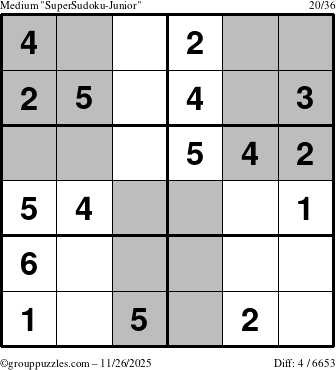 The grouppuzzles.com Medium SuperSudoku-Junior puzzle for Wednesday November 26, 2025