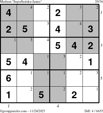 The grouppuzzles.com Medium SuperSudoku-Junior puzzle for Wednesday November 26, 2025 with all 4 steps marked
