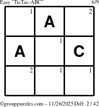 The grouppuzzles.com Easy TicTac-ABC puzzle for Wednesday November 26, 2025 with the first 2 steps marked