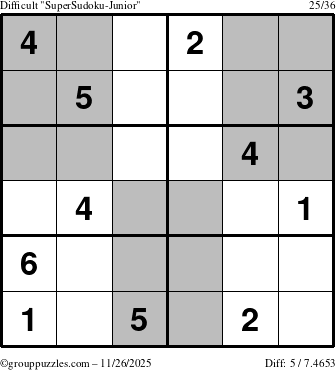 The grouppuzzles.com Difficult SuperSudoku-Junior puzzle for Wednesday November 26, 2025
