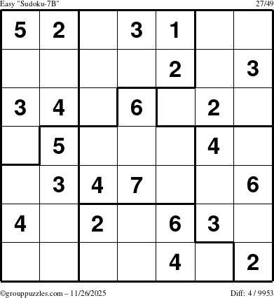 The grouppuzzles.com Easy Sudoku-7B puzzle for Wednesday November 26, 2025