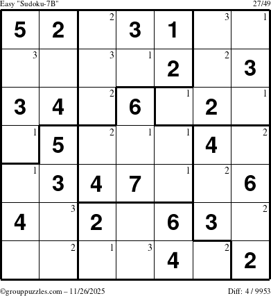 The grouppuzzles.com Easy Sudoku-7B puzzle for Wednesday November 26, 2025 with the first 3 steps marked