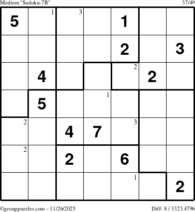 The grouppuzzles.com Medium Sudoku-7B puzzle for Wednesday November 26, 2025 with the first 3 steps marked