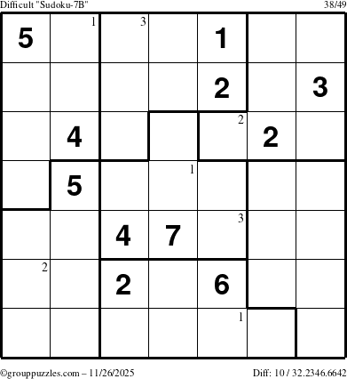 The grouppuzzles.com Difficult Sudoku-7B puzzle for Wednesday November 26, 2025 with the first 3 steps marked