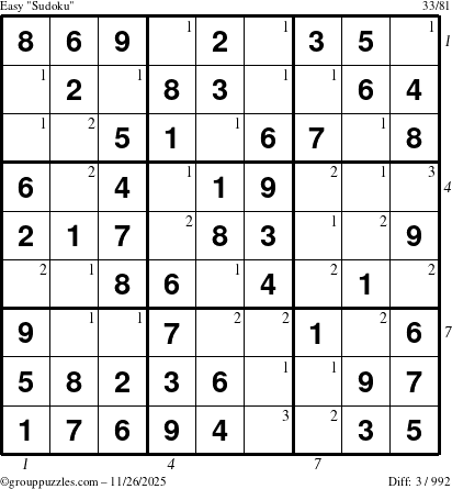 The grouppuzzles.com Easy Sudoku puzzle for Wednesday November 26, 2025 with all 3 steps marked