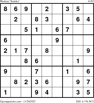 The grouppuzzles.com Medium Sudoku puzzle for Wednesday November 26, 2025