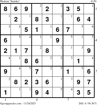 The grouppuzzles.com Medium Sudoku puzzle for Wednesday November 26, 2025 with all 6 steps marked