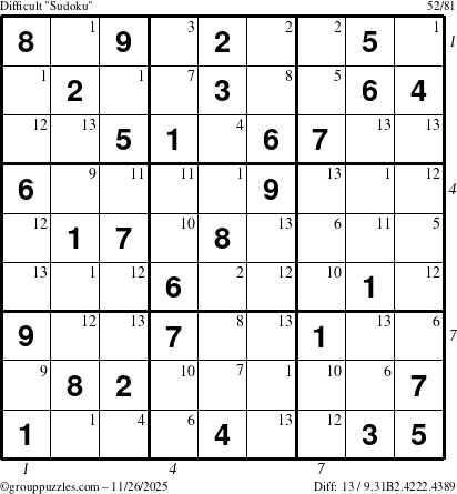 The grouppuzzles.com Difficult Sudoku puzzle for Wednesday November 26, 2025 with all 13 steps marked