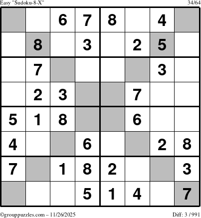 The grouppuzzles.com Easy Sudoku-8-X puzzle for Wednesday November 26, 2025