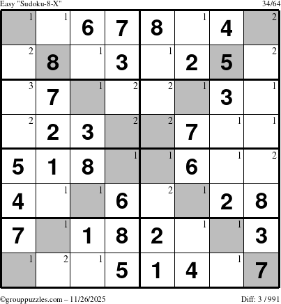 The grouppuzzles.com Easy Sudoku-8-X puzzle for Wednesday November 26, 2025 with the first 3 steps marked