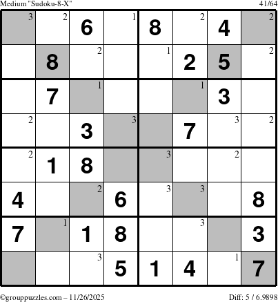 The grouppuzzles.com Medium Sudoku-8-X puzzle for Wednesday November 26, 2025 with the first 3 steps marked