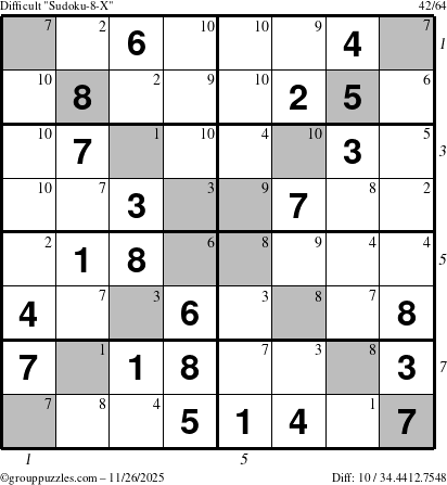 The grouppuzzles.com Difficult Sudoku-8-X puzzle for Wednesday November 26, 2025, suitable for printing, with all 10 steps marked