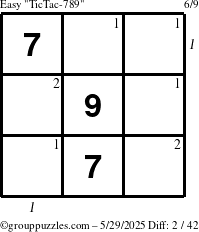 The grouppuzzles.com Easy TicTac-789 puzzle for Thursday May 29, 2025 with all 2 steps marked