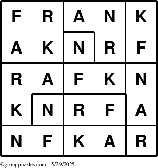 The grouppuzzles.com Answer grid for the Frank puzzle for Thursday May 29, 2025