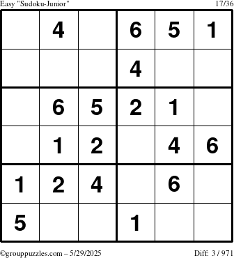 The grouppuzzles.com Easy Sudoku-Junior puzzle for Thursday May 29, 2025
