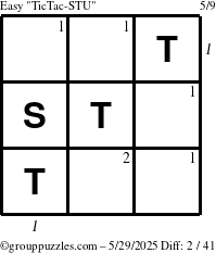 The grouppuzzles.com Easy TicTac-STU puzzle for Thursday May 29, 2025 with all 2 steps marked