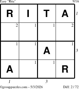 The grouppuzzles.com Easy Rita puzzle for Sunday May 3, 2026 with all 2 steps marked