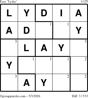 The grouppuzzles.com Easy Lydia puzzle for Sunday May 3, 2026 with the first 3 steps marked