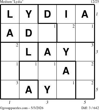 The grouppuzzles.com Medium Lydia puzzle for Sunday May 3, 2026, suitable for printing, with all 3 steps marked