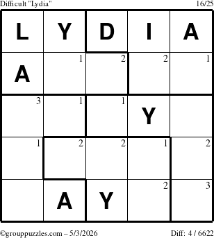 The grouppuzzles.com Difficult Lydia puzzle for Sunday May 3, 2026 with the first 3 steps marked