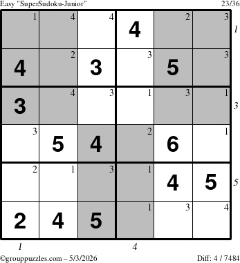 The grouppuzzles.com Easy SuperSudoku-Junior puzzle for Sunday May 3, 2026 with all 4 steps marked