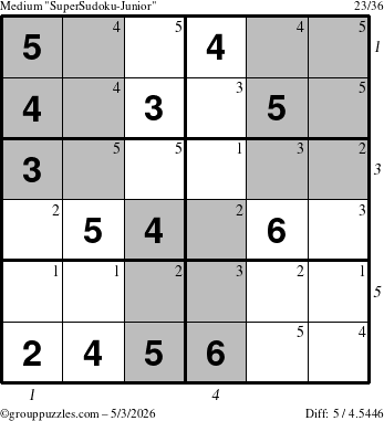 The grouppuzzles.com Medium SuperSudoku-Junior puzzle for Sunday May 3, 2026, suitable for printing, with all 5 steps marked