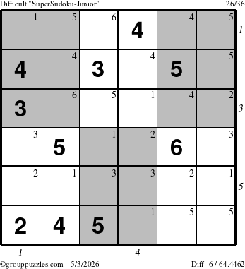 The grouppuzzles.com Difficult SuperSudoku-Junior puzzle for Sunday May 3, 2026, suitable for printing, with all 6 steps marked