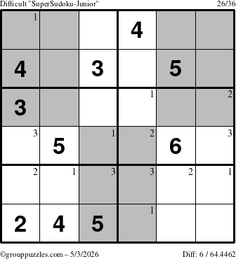 The grouppuzzles.com Difficult SuperSudoku-Junior puzzle for Sunday May 3, 2026 with the first 3 steps marked