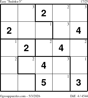 The grouppuzzles.com Easy Sudoku-5 puzzle for Sunday May 3, 2026 with the first 3 steps marked