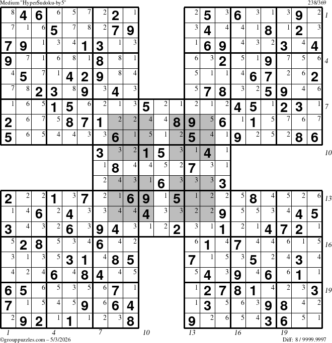 The grouppuzzles.com Medium HyperSudoku-by5 puzzle for Sunday May 3, 2026, suitable for printing, with all 8 steps marked
