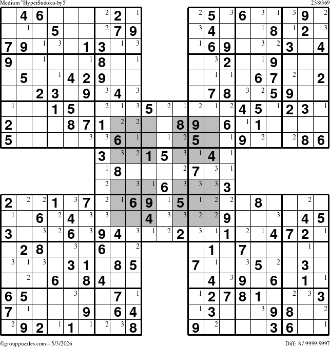 The grouppuzzles.com Medium HyperSudoku-by5 puzzle for Sunday May 3, 2026 with the first 3 steps marked