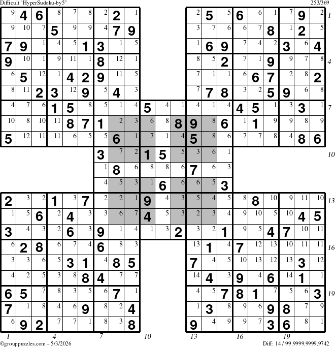 The grouppuzzles.com Difficult HyperSudoku-by5 puzzle for Sunday May 3, 2026, suitable for printing, with all 14 steps marked