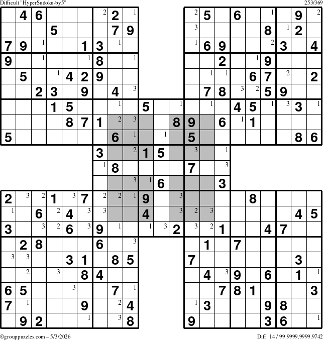 The grouppuzzles.com Difficult HyperSudoku-by5 puzzle for Sunday May 3, 2026 with the first 3 steps marked