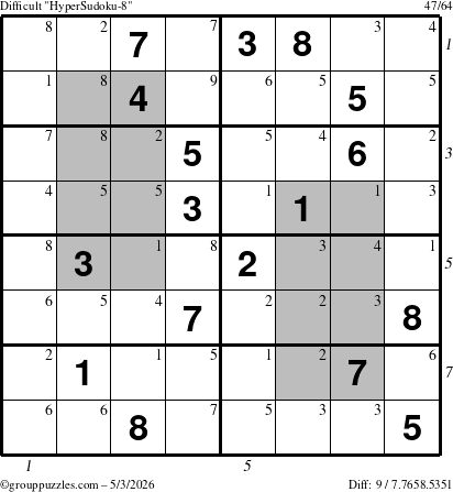 The grouppuzzles.com Difficult HyperSudoku-8 puzzle for Sunday May 3, 2026 with all 9 steps marked