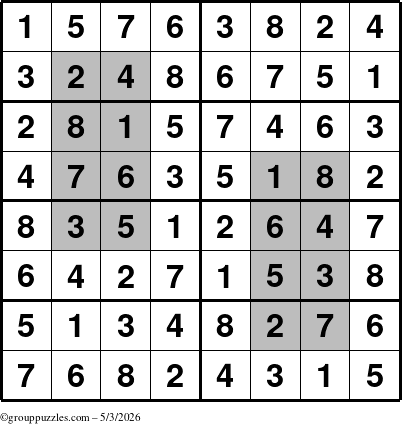The grouppuzzles.com Answer grid for the HyperSudoku-8 puzzle for Sunday May 3, 2026