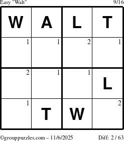 The grouppuzzles.com Easy Walt puzzle for Thursday November 6, 2025 with the first 2 steps marked