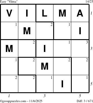 The grouppuzzles.com Easy Vilma puzzle for Thursday November 6, 2025, suitable for printing, with all 3 steps marked