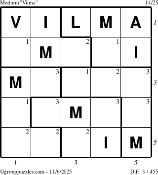 The grouppuzzles.com Medium Vilma puzzle for Thursday November 6, 2025, suitable for printing, with all 3 steps marked