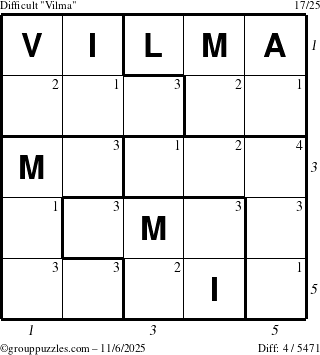 The grouppuzzles.com Difficult Vilma puzzle for Thursday November 6, 2025, suitable for printing, with all 4 steps marked
