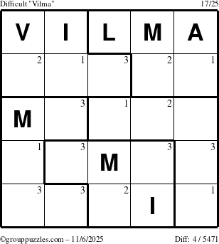 The grouppuzzles.com Difficult Vilma puzzle for Thursday November 6, 2025 with the first 3 steps marked