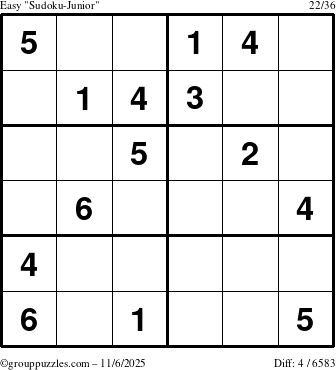 The grouppuzzles.com Easy Sudoku-Junior puzzle for Thursday November 6, 2025