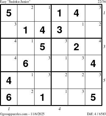 The grouppuzzles.com Easy Sudoku-Junior puzzle for Thursday November 6, 2025, suitable for printing, with all 4 steps marked