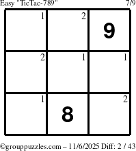 The grouppuzzles.com Easy TicTac-789 puzzle for Thursday November 6, 2025 with the first 2 steps marked