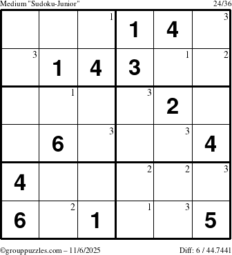 The grouppuzzles.com Medium Sudoku-Junior puzzle for Thursday November 6, 2025 with the first 3 steps marked