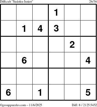 The grouppuzzles.com Difficult Sudoku-Junior puzzle for Thursday November 6, 2025