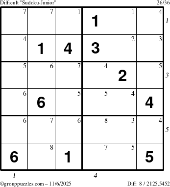 The grouppuzzles.com Difficult Sudoku-Junior puzzle for Thursday November 6, 2025, suitable for printing, with all 8 steps marked