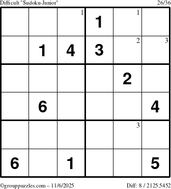 The grouppuzzles.com Difficult Sudoku-Junior puzzle for Thursday November 6, 2025 with the first 3 steps marked