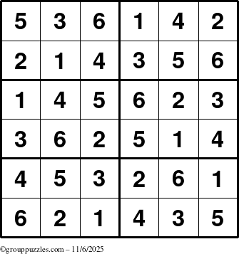The grouppuzzles.com Answer grid for the Sudoku-Junior puzzle for Thursday November 6, 2025