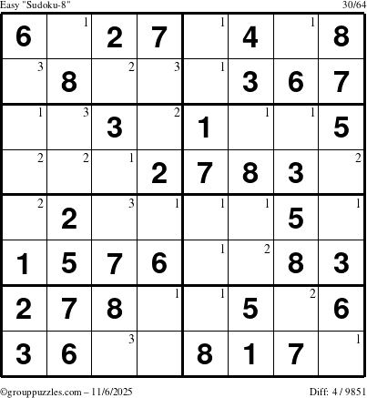 The grouppuzzles.com Easy Sudoku-8 puzzle for Thursday November 6, 2025 with the first 3 steps marked